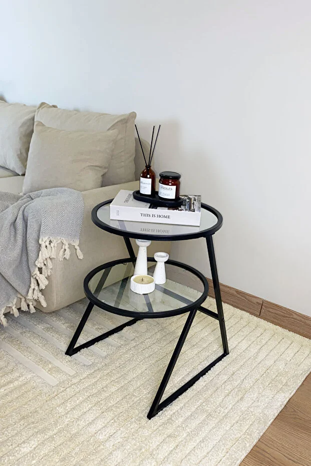 Valencia Yan Sehpa - Siyah Metal Şeffaf Camlı Çok Amaçlı Koltuk Sehpası Zigon Sehpa Servis Sehpası